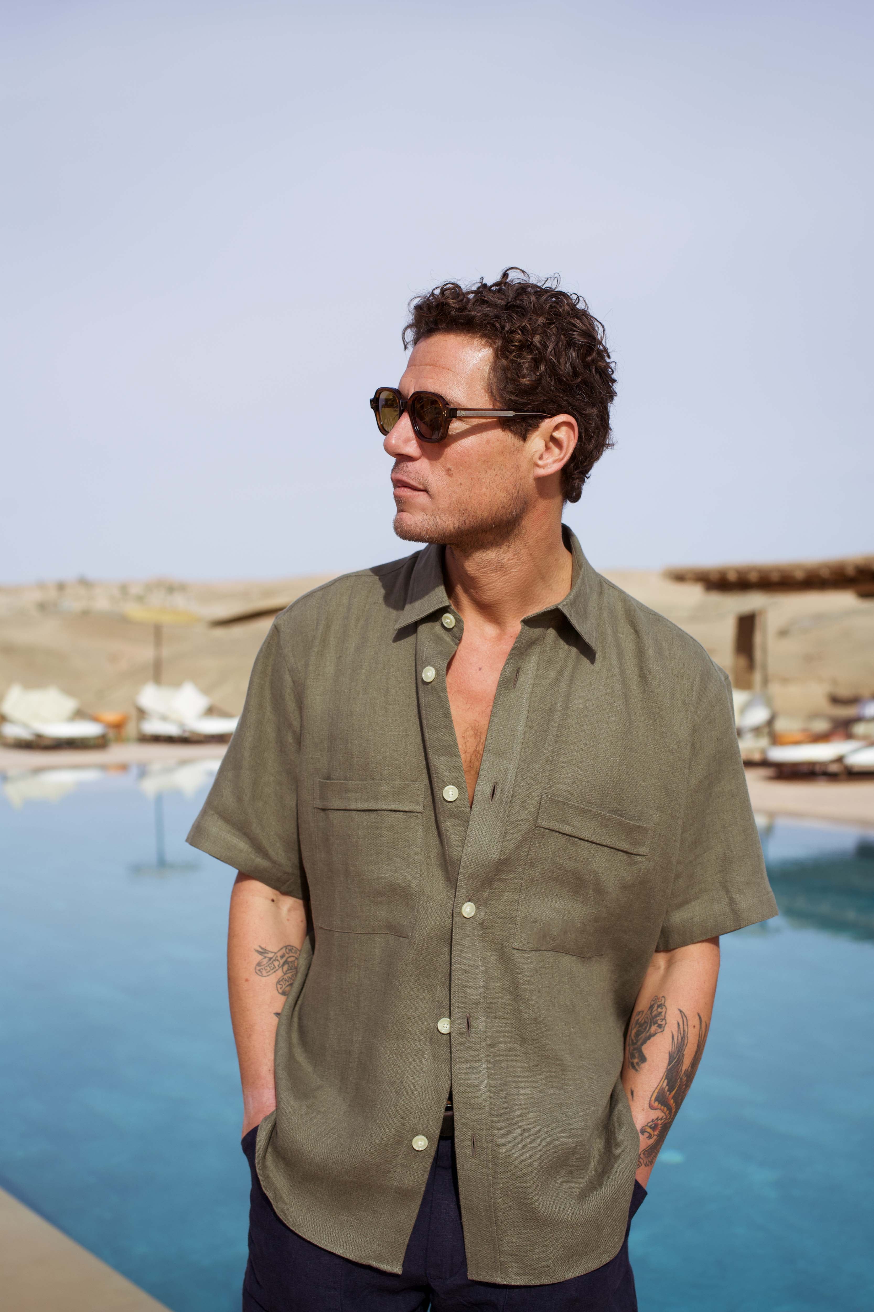 Heavy Linen Short Sleeve Utility Shirt Khaki