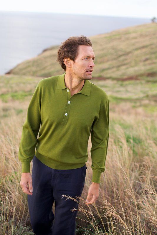 Merino Long Sleeve Polo Moss Green