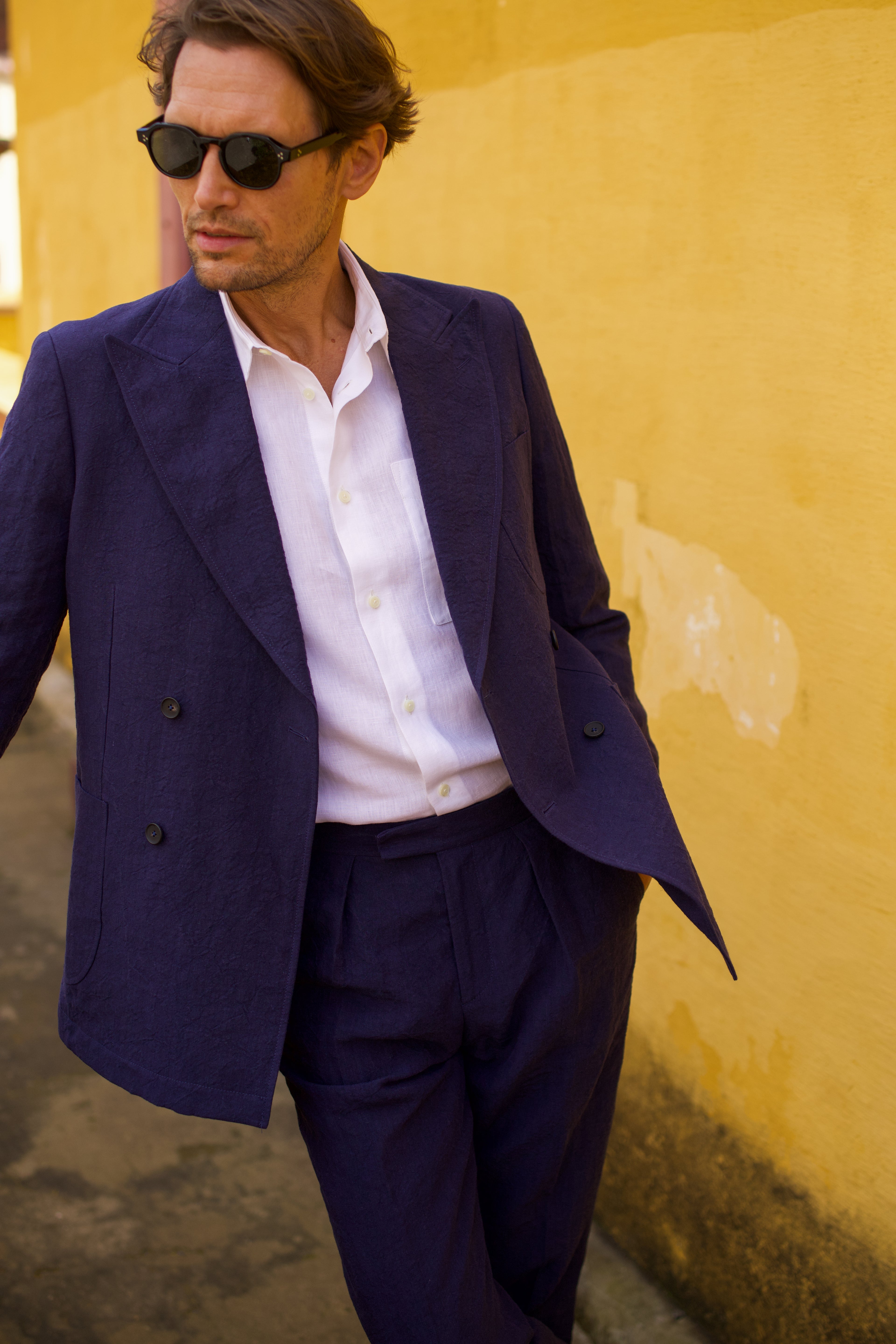 Laundered Linen Double Breasted Suit Navy Blue