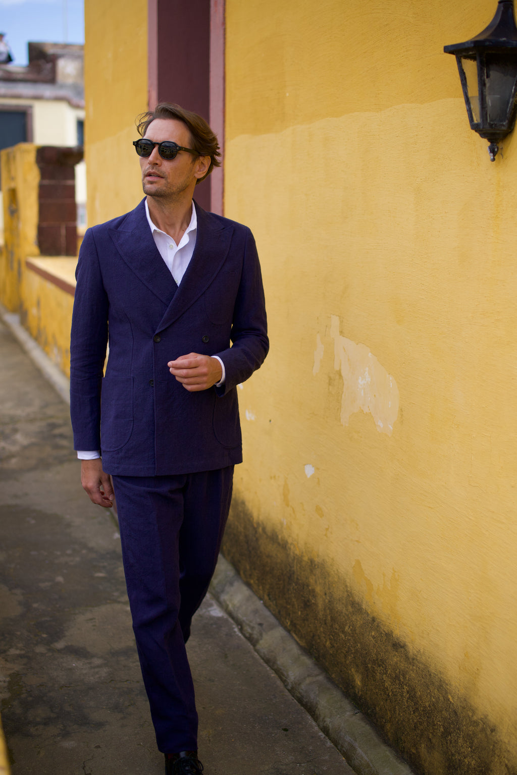 Laundered Linen Double Breasted Suit Navy Blue