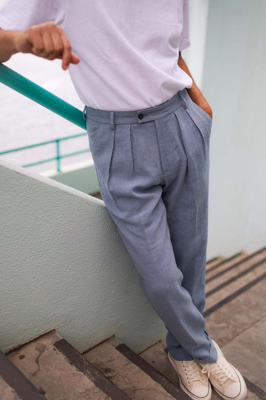 Double Pleated Trouser Blue Grey