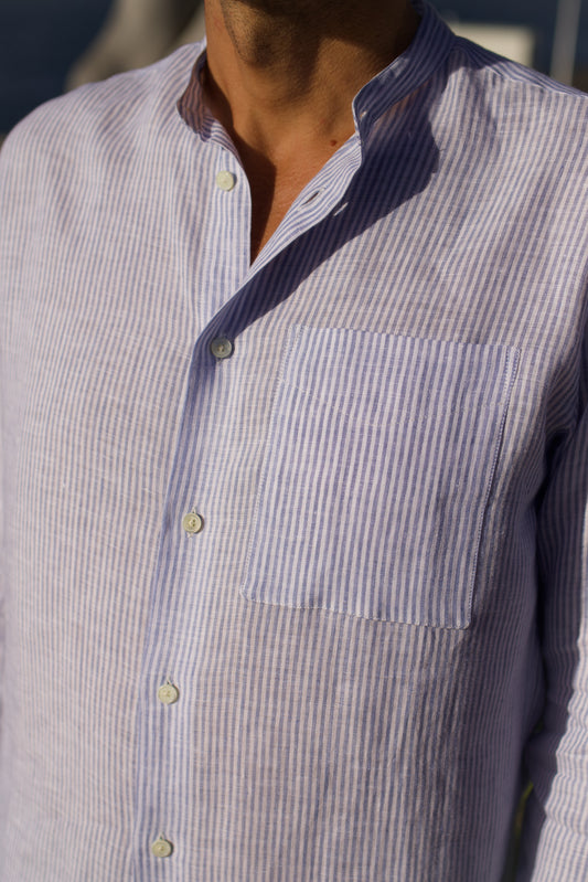 Midweight Linen Grandpa Shirt Blue Stripe