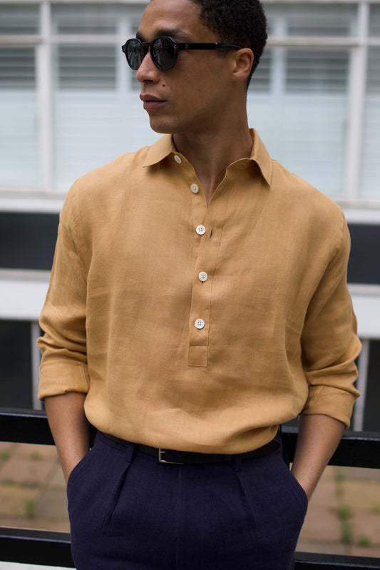 Midweight Linen Long Sleeve Smock Caramel
