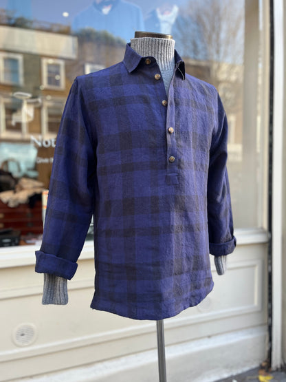 Heavy Linen Long Sleeve Smock Indigo check