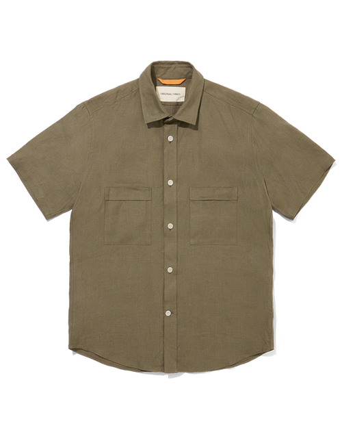Heavy Linen Short Sleeve Utility Shirt Khaki