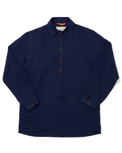 Heavy Linen Long Sleeve Smock Navy Yarn-Dye