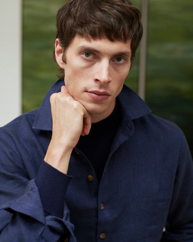 Heavy Linen Long Sleeve Smock Navy Yarn-Dye