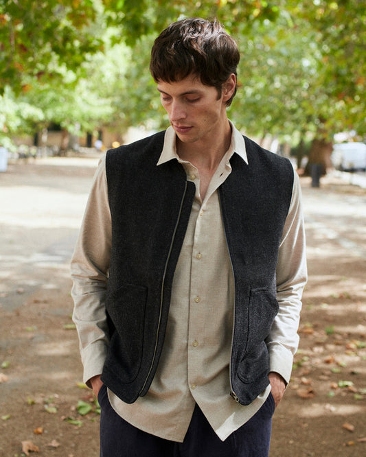 Heavy Wool Gilet Charcoal Herringbone