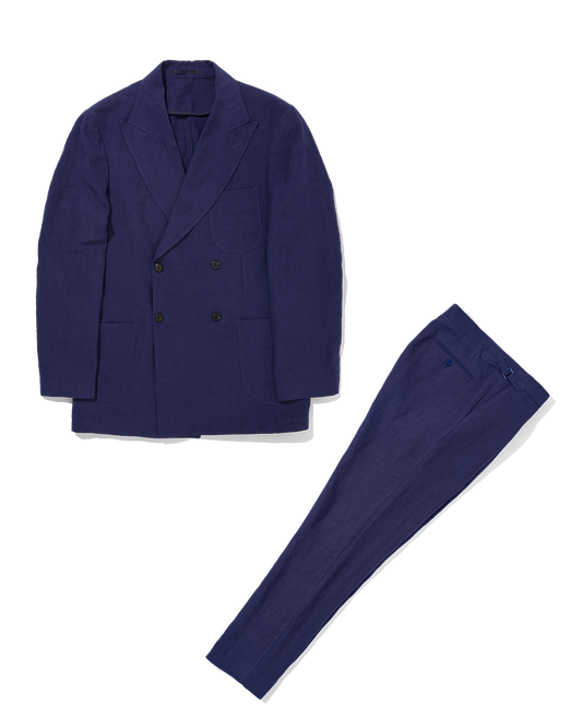 Laundered Linen Double Breasted Suit Navy Blue