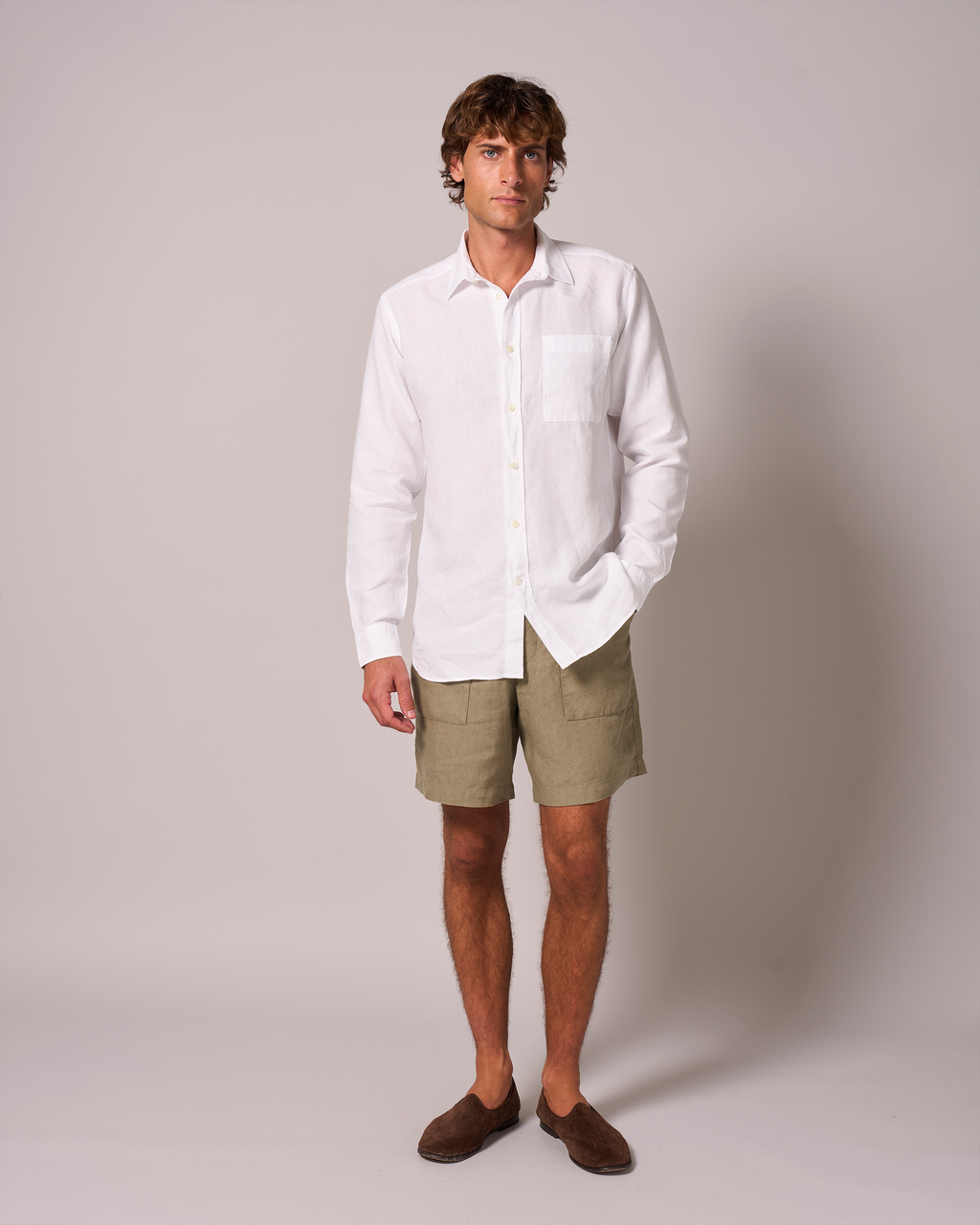 Linen Patch Pocket Shorts Khaki