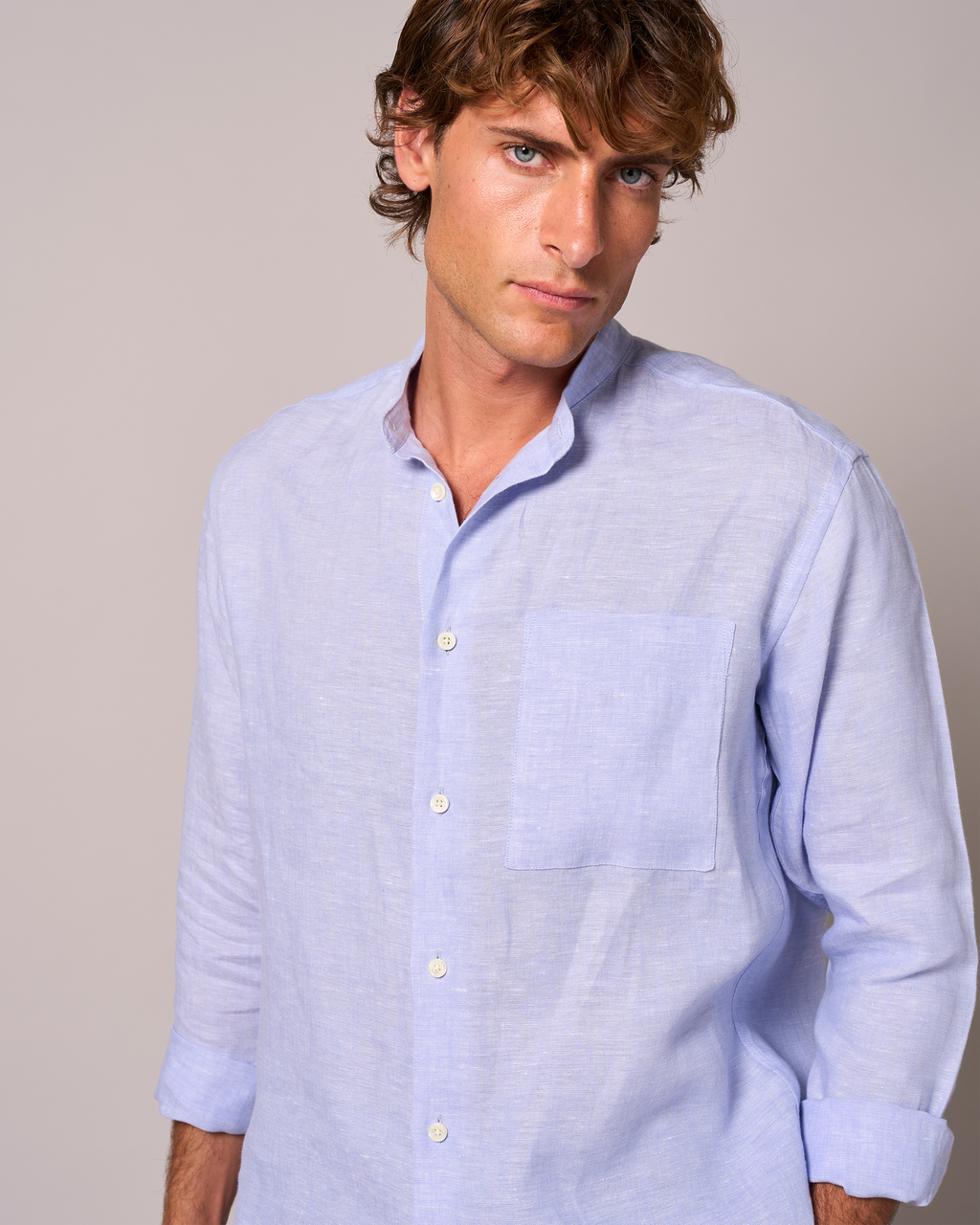 Linen Grandpa Shirt Light Blue Yarn-Dye