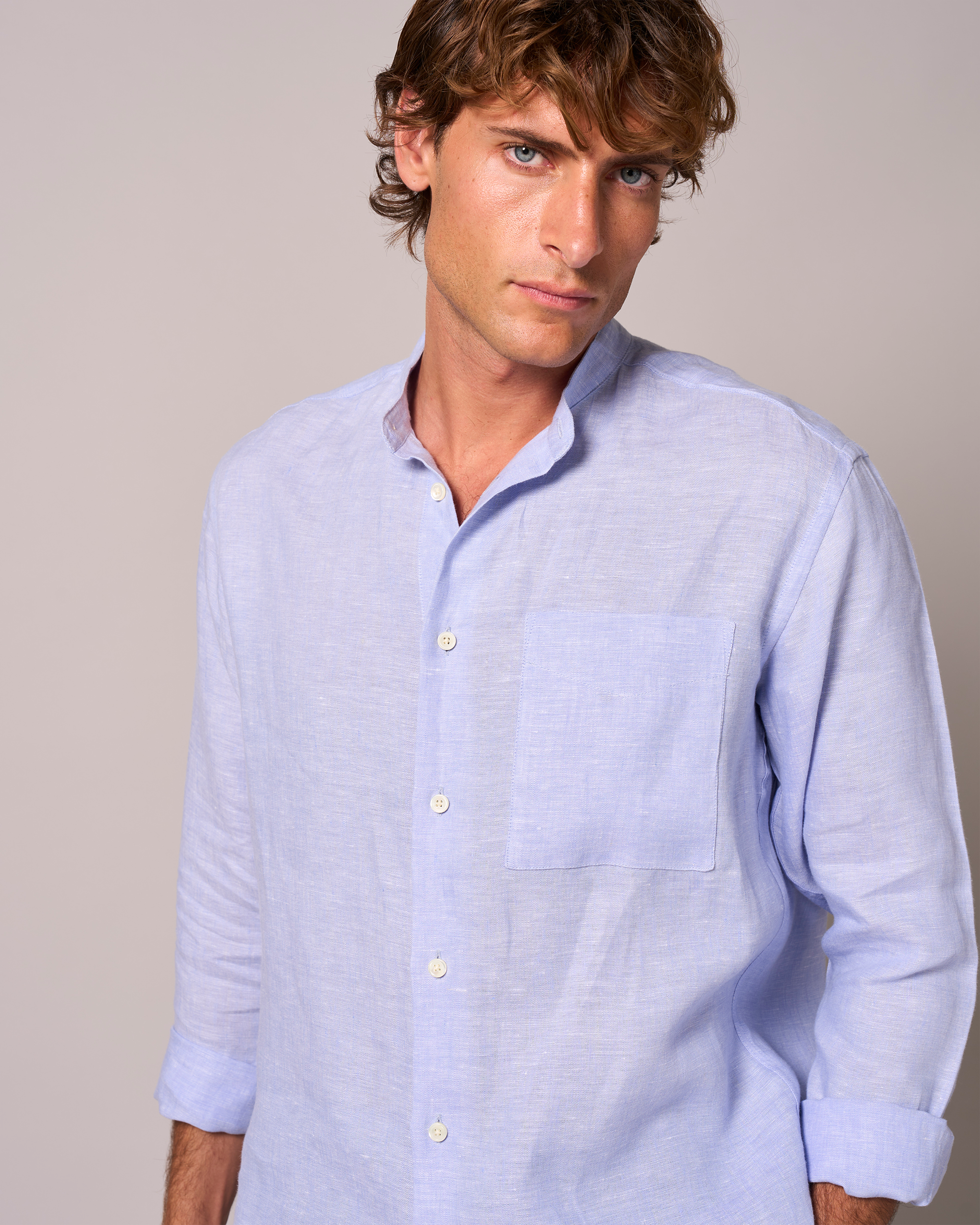 Linen Grandpa Shirt Light Blue Yarn-Dye