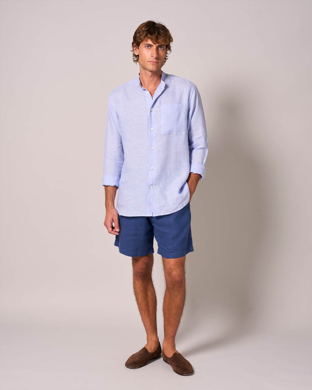 Linen Grandpa Shirt Light Blue Yarn-Dye