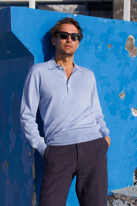 Merino Long Sleeved Polo Powder Blue