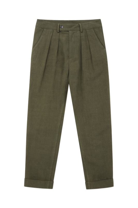 Linen Wool Double Pleated Trouser Hunter Green